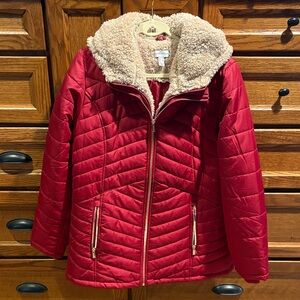 Susan Graver Red Quilted Puffer Jacket with Faux Fur Collar